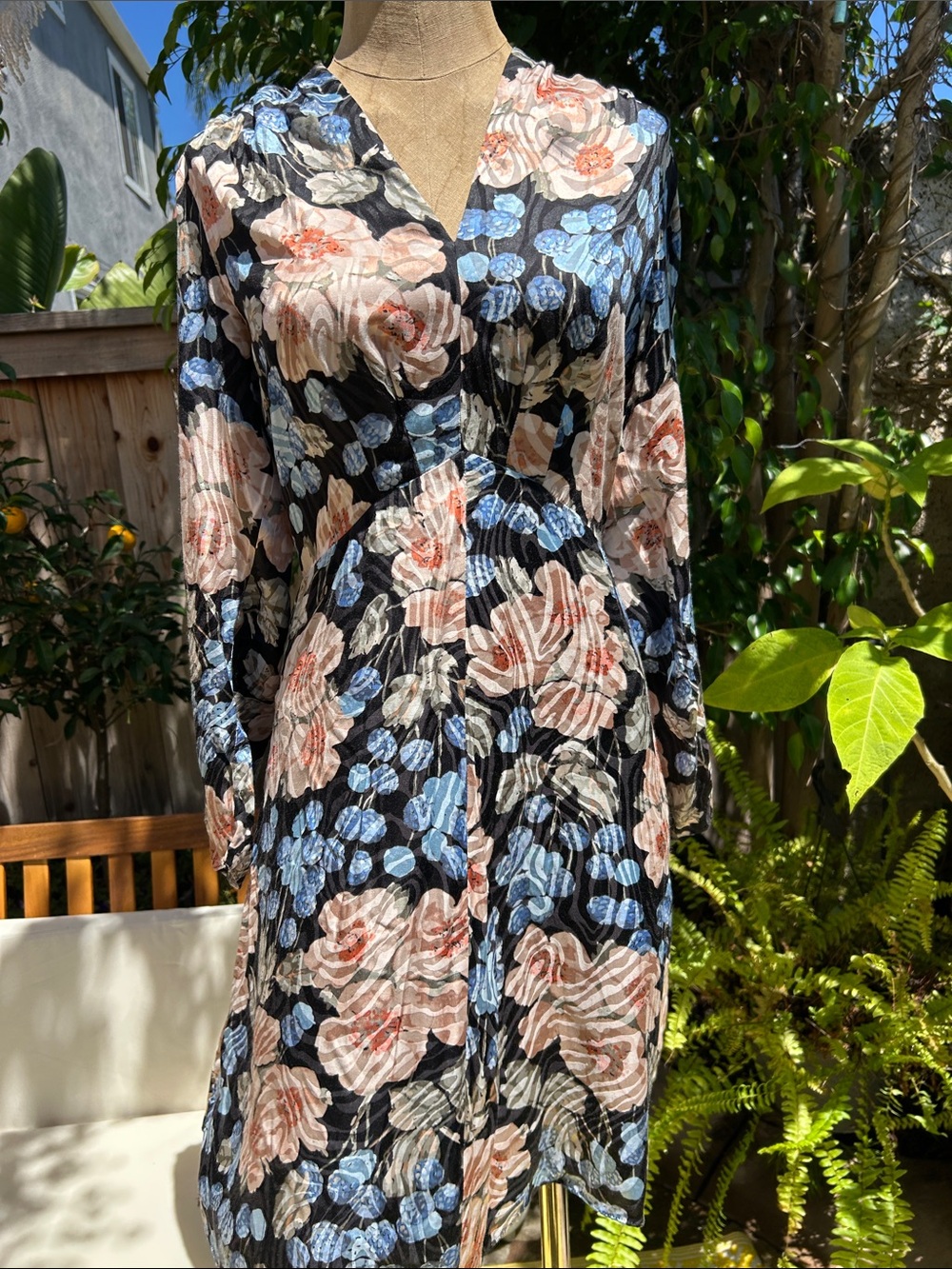 Floral V-Neck Long Sleeve Midi Dress in Black and Blush